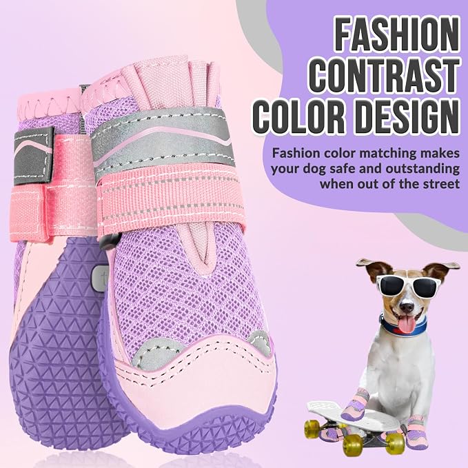SlowTon Dog Shoes for Large Small Medium Dogs - Breathable Dog Boots for Summer Hot Pavement, Paw Protector for Outdoor Walking Winter Snow, Anti-Slip Rubber Dog Booties for Hardwood Floor (Pink, 5)