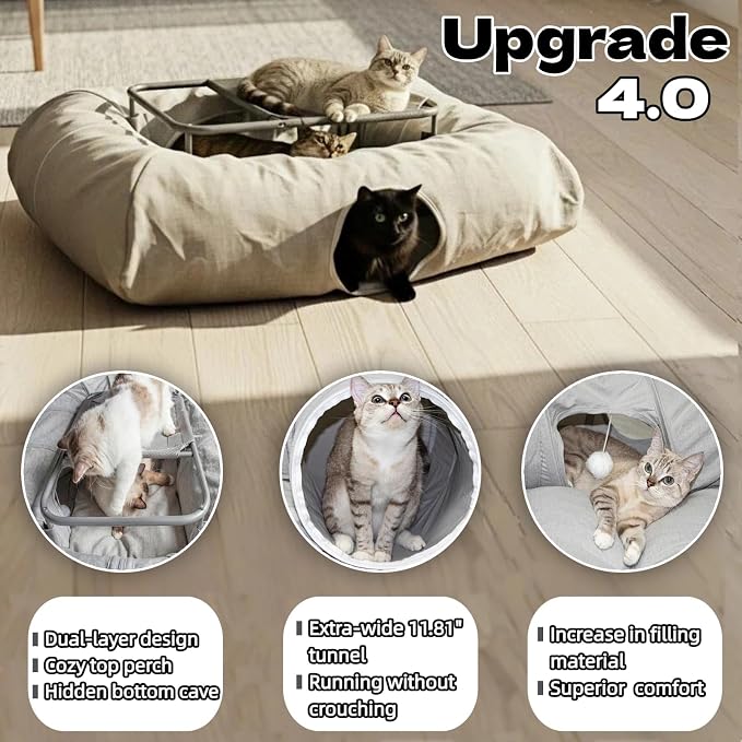 XXL 2-Tier Cat Tunnel & Hammock Bed, Scratch-Proof Linen, for All Cats Toys | XxingSheep 4 Cave Premium Hemp Fabric Cat Tunnel Bed for Indoor Cats Toys Cave Donut with Soft Mat & Toys