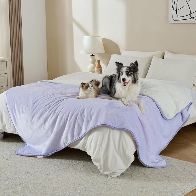 Soft Waterproof Blanket for Bed Couch Sofa, Lilac, 60x80 inches | Liquid Pee Proof Pet Blanket for Dog Puppy Cat, Reversible Sherpa Fleece Blanket for Couch Cover, Furniture Protector