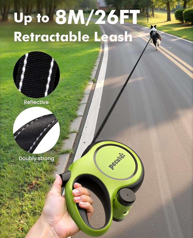 Pecute Retractable Dog Leash 26 FT Heavy Duty for Large Dogs 33-110 LBS | Chew Proof Steel Cable for Strong Biter, Anti-Slip Handle with Poop Bag Holder for Hiking, Camping, Outdoor Walking