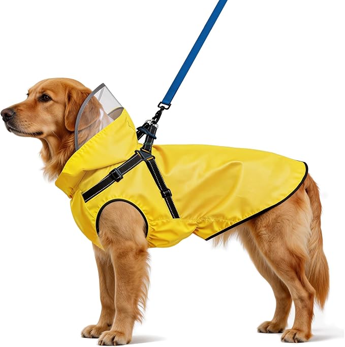 Dog Raincoat: Dog Rain Jacket with Reflective Harness & Removable Hood | Waterproof Dogs Rain Coat Poncho for Large Medium Small Dogs Puppies (Yellow - XL)