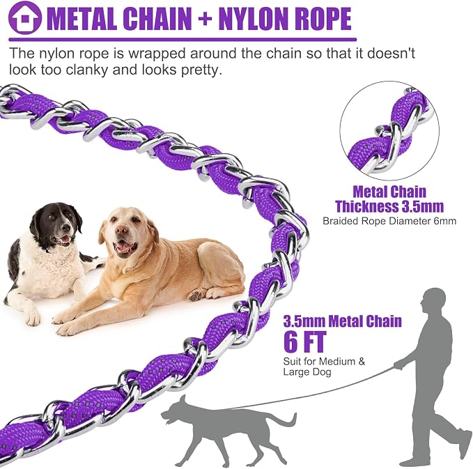 HOMIMP Chew Proof Dog Leash for Medium Large Dogs, Reflective 6 FT Heavy Duty Metal Chain Dog Leashes with Soft Padded Handle, Anti Bite Durable Rope Leashes for Pitbull, Non Chewable