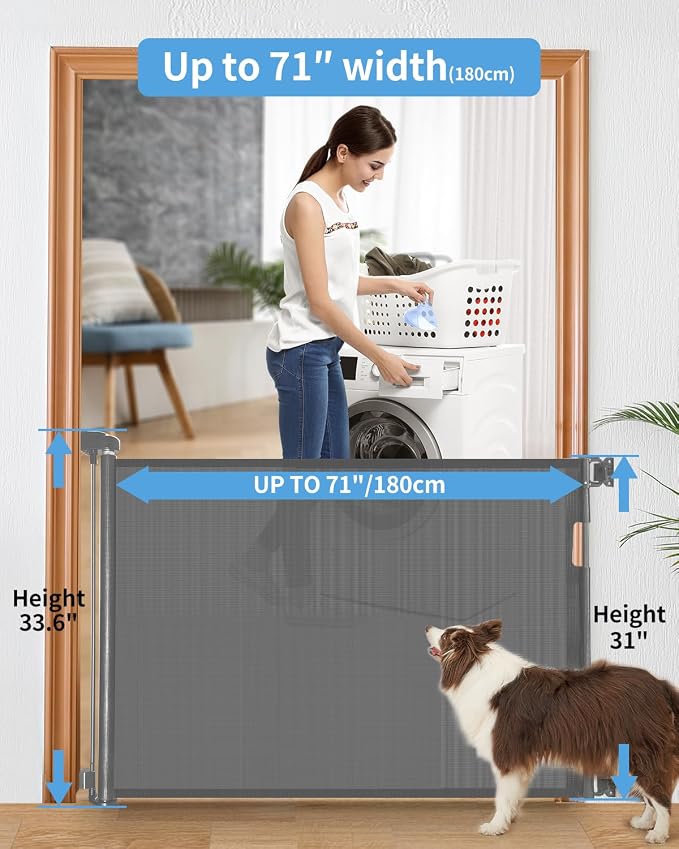 Retractable Baby Gate for Stairs – 33” Height, Expands up to 71” Width – Safety Gate for Infants, Toddlers, Dogs & Pets – Easy Install, Secure Closure, Gray Mesh Design for Indoor & Outdoor Use