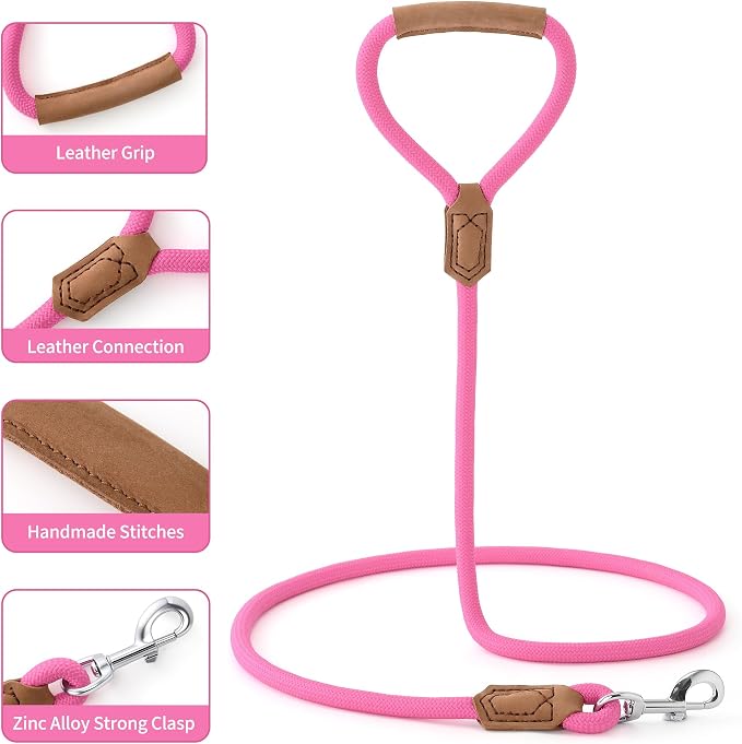 Mile High Life Dog Leash with Genuine Leather Handle, 6 FT/5 FT/4 FT | Leather Grip Rope Leash, Heavy Duty 360° Swivel Metal Clasp, for Small Medium & Large Dogs
