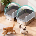 2PACK Stainless Steel Cat Litter Box, Metal Kitty Litter Box with High Sides for Small Cats,Kittens, Open Top Litter Boxes with Anti-Leak Lid,Odorless,Non-Sticky, Easy to Clean,Scoop Include,M