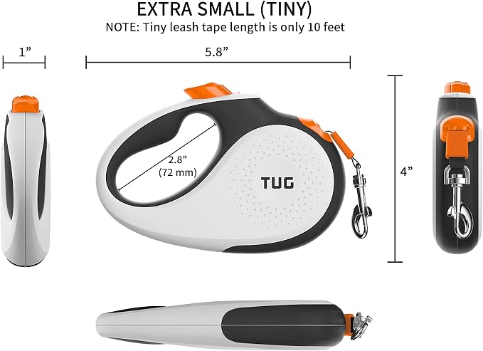 TUG Tiny 360° Tangle-Free Retractable Dog Leash with Anti-Slip Handle | 10 ft Nylon Tape | One-Handed Brake, Pause, Lock (White/Orange)