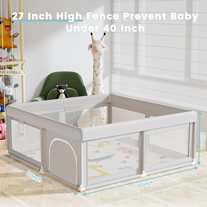 Hiaksedt Baby Playpen with Mat, 50x50 Inch Playpen for Babies and Toddlers | Baby Fence for Indoor & Outdoor, Sturdy Safety Play Yard with Soft Breathable Mesh, Anti-Fall