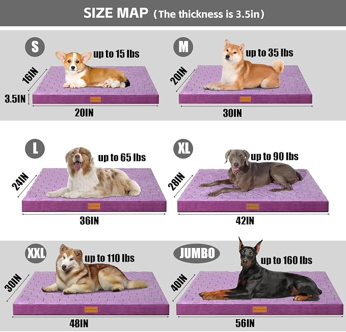 Patas Lague Orthopedic Large Dog Bed Washable Pet Crate Mat 48''X30'' Purple