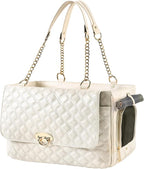 Fashion Dog Purse for Small Dogs with 2 Super-Large Pockets, Holds Up to 10lbs PU Leather Pet Carrier, Cat Carrier, Airline Approved Puppy Purse for Travel (White, Small Size)