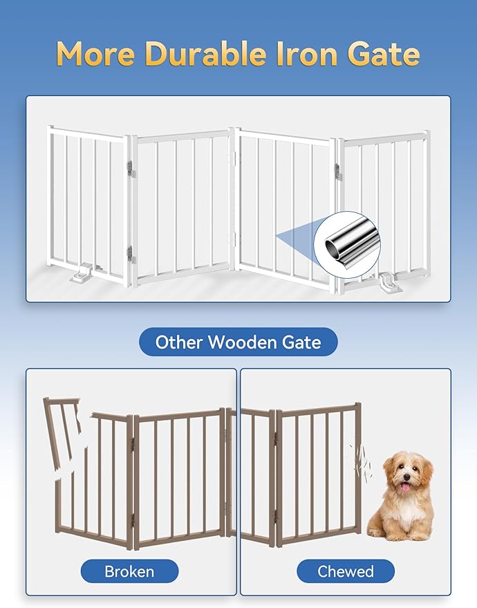 BFNN Small Dog Gate Indoor, Up to 96" W Freestanding Pet/Puppy Fence, White | Flexible Space Control | Chewproof Steel Frame | 16.5" Step-Over Gate | Foldable | Drill-Free Setup | For Stairs & Doorways