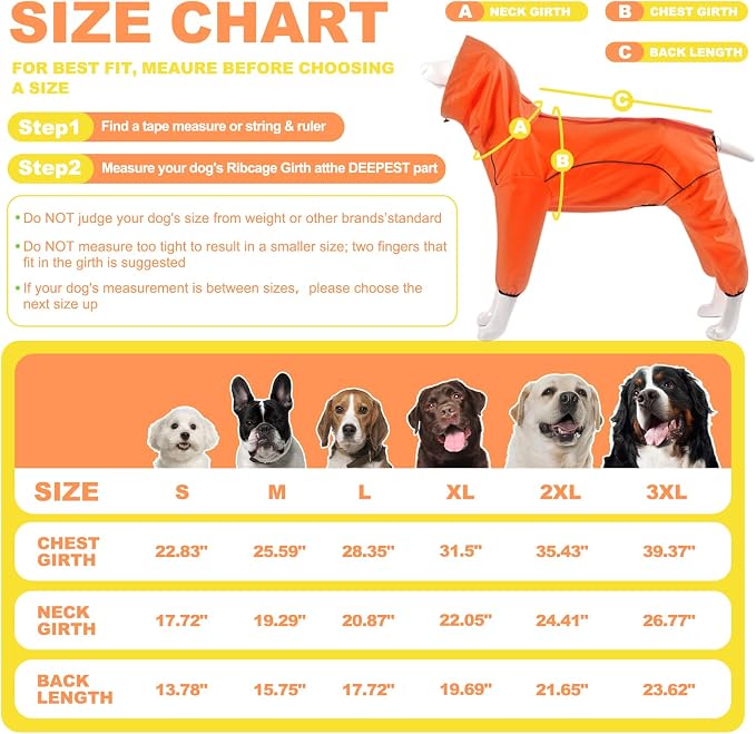 ADINIKIA Dog Raincoat,Waterproof Rain Jacket with Removable Hood,Orange L | Leash Hole/ Reflective Stripe/Adjustable 4 Legs Rainsuit/Full Coverage/ Snowproof Windproof/ For Small to 3X-Large Dogs