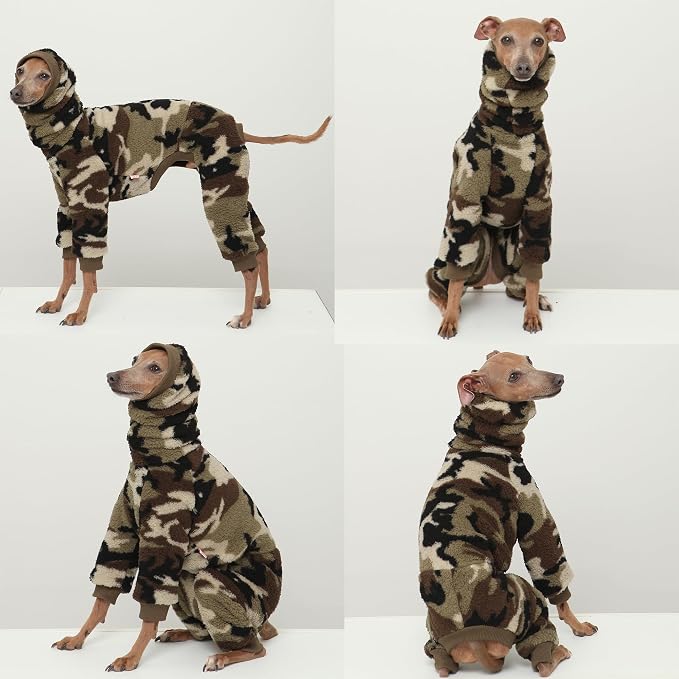 D Doggy Star Italian Greyhound Sweater Turtleneck Outfit Camo Warm Fleece Onesie Clothes Whippet for Dog Coat (2XL,FLC Green Camo)