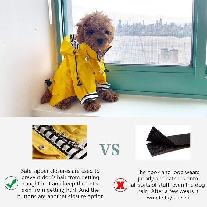 Dog Zip Up Raincoat with Reflective Buttons, Rain/Water Resistant, Adjustable Drawstring, Removable Hood, Raincoats with Legs 8lbs to 80lbs Available - Yellow - Medium