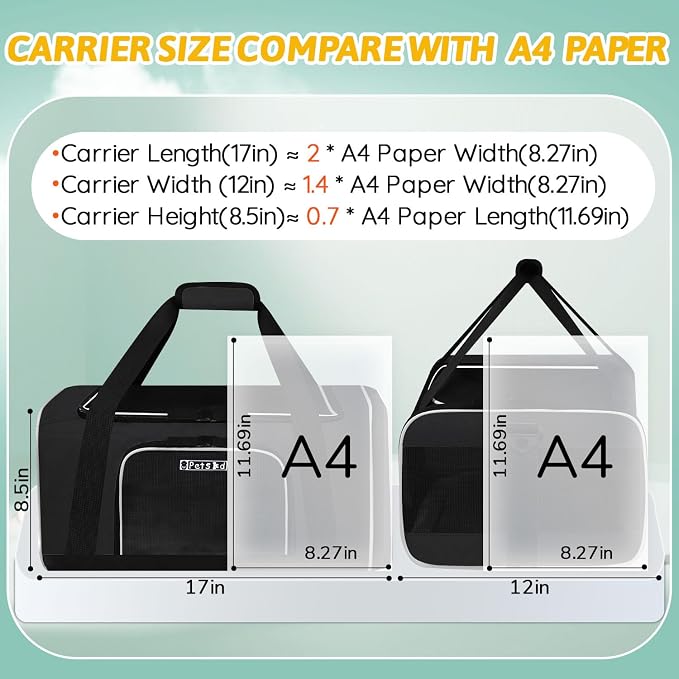 Petskd Small Pet Carrier 17" L x 12" W x 8.5" H Airline Approved, Black | for JetBlue/Frontier/Spirit Airlines, Lockable Safety Zippers and Anti-Scratch Mesh, Pets Under 8 lbs