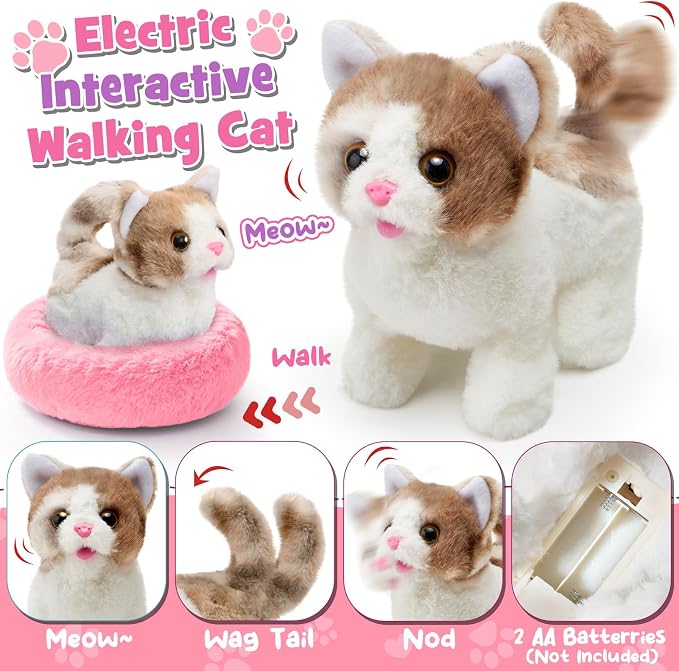 TUZT 17 PCS Cat Toys for Kids Girls, Realistic Walking Meowing Robot Cat Plush with Accessories, Pretend Play Pet Care Playset Toddler Girl Toy for 3 4 5 6 7 8, Birthday Gift for little Girl 3-8 Years
