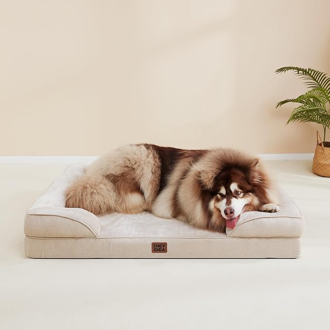 EHEYCIGA Orthopedic Dog Beds for Extra Large Dogs, Waterproof Memory Foam XL Pet Bed with Sides, Non-Slip Bottom and Egg-Crate Foam Big Dog Couch Bed with Washable Removable Cover, Beige | Non-Slip Bottom and Egg-Crate Memory Foam Big Dog Couch Bed wit...