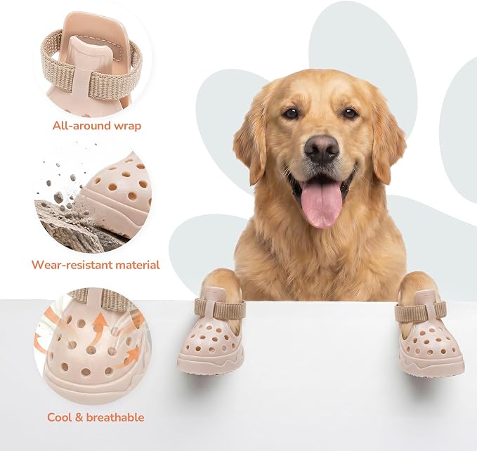 Soft Dog Shoes for Hot Pavement, Breathable Vented Dog Boots, Khaki, Size 8 | 4 Pack, Soft Rubber Material, Lightweight, Anti-Slip Soles, Reflective Strap, Wide Opening, Summer Walks, Medium & Large Dogs