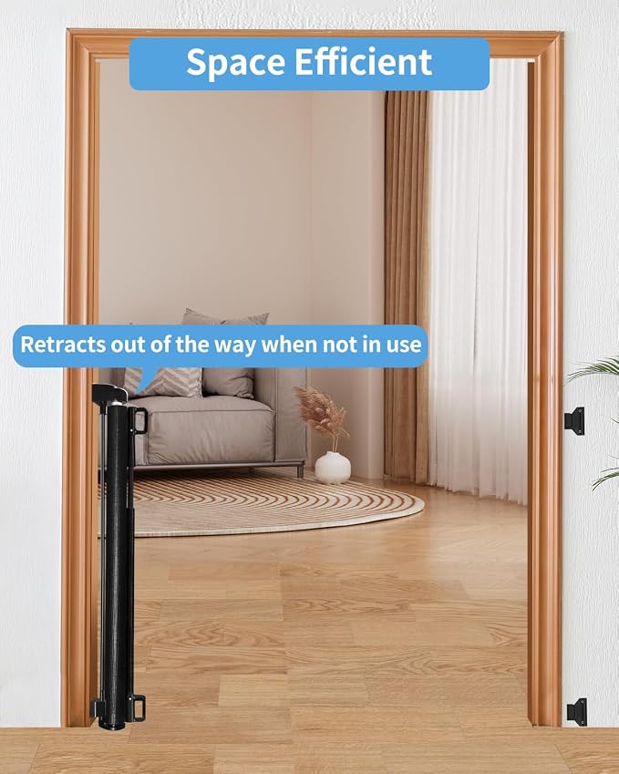Retractable Baby Gate for Stairs – 33” Height, Expands up to 71” Width – Safety Gate for Infants, Toddlers, Dogs & Pets – Easy Install, Secure Closure, Black Mesh Design for Indoor & Outdoor Use