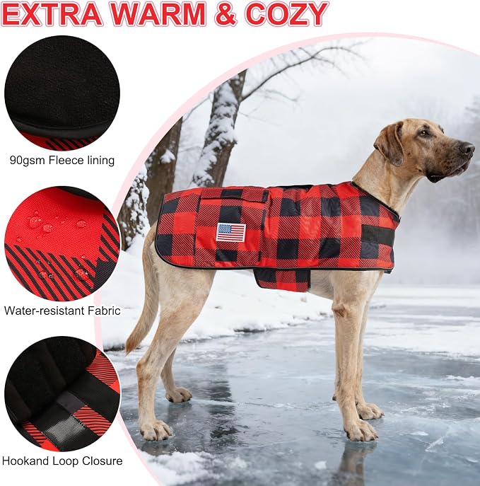 BEAUTYZOO Dog Winter Coat for Large Dogs Waterproof, Warm Reflective Great Dane Oxford Canvas Jacket, Fleece Dog Cold Weather Coats Windproof for Female Male Dogs, Red Plaid L