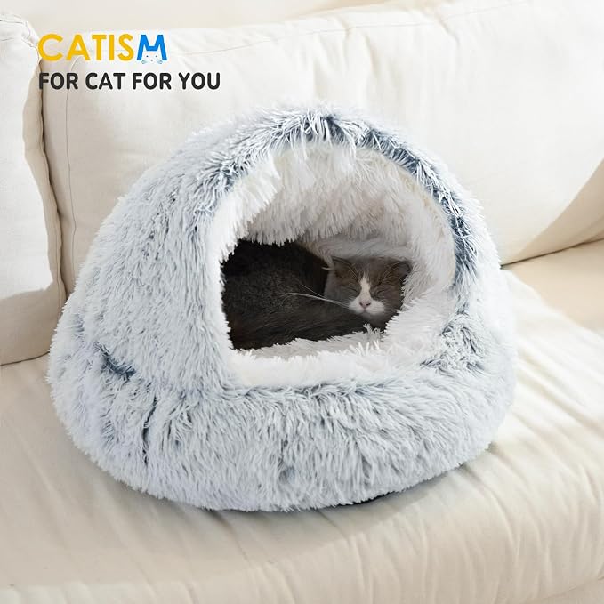 CATISM Cat Bed Hooded Cat Beds for Indoor Cats or Small Dogs | Warm Soft Plush Comfortable Removable Washable with Non-Slip Bottom