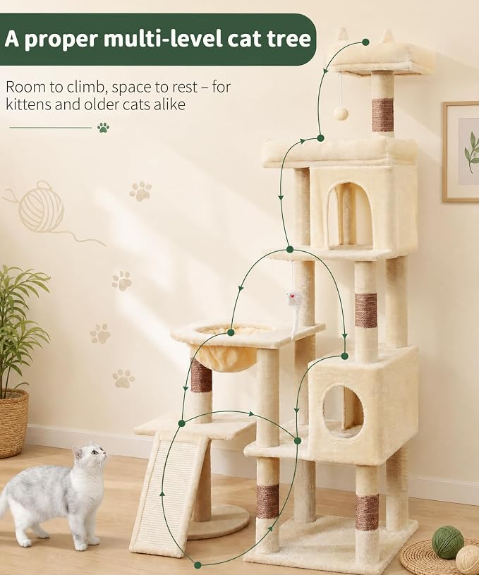 68 Inches Heavy Duty Cat Tree for Indoor Cat, Big Cat Tower | Cat Houses & Tree Tower with 2 Condos, Sisal Scratching Posts & Large Platform for Indoor Cats Large Adult, Beige