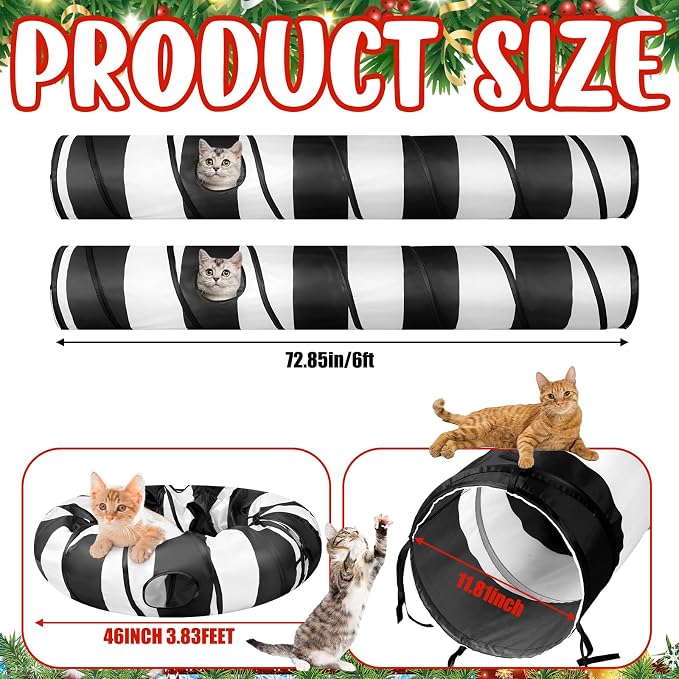 4' x 4' x 11.8'' Cat Tunnel Christmas Tree Skirt Black and White Cat Tunnel Bed Under Christmas Tree 142'' Long Detachable Donut Tube for Indoor Cats Xmas Kitty Cave for Kitten Kitty