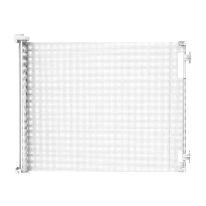 Retractable Baby Gate Perma Child Safety 33" Tall x 71” Wide, Mesh, for Stairs, Doorways, Dogs, Pets, Indoor, Outdoor, One-Handed Operation, Locking, Easy Install, Hardware Mount, White