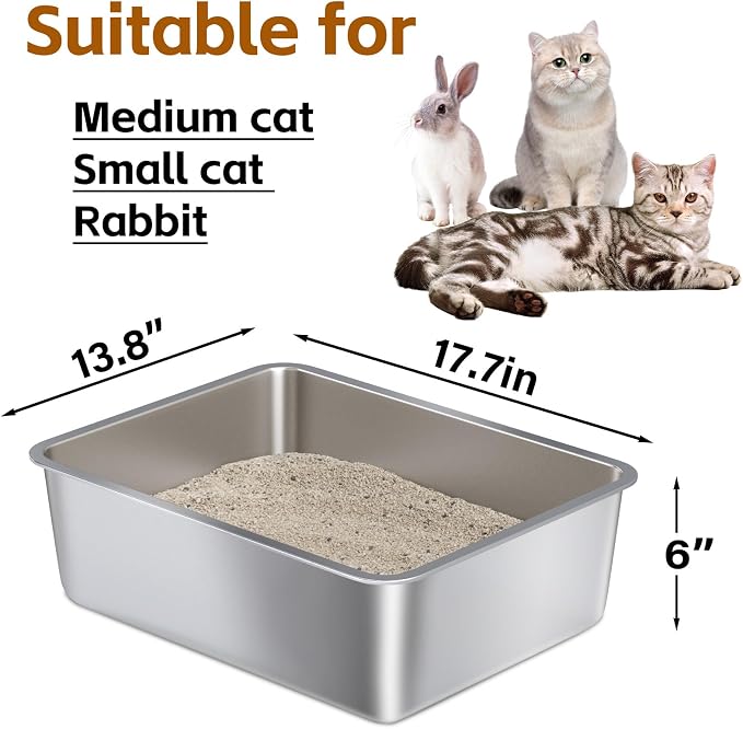 Stainless Steel Litter Box,Metal Cat Litter Box-6" High Side for Cats | Cat LitterBox for Kitty/Kitten and Rabbits, Stainless Steel Cats Litterbox, Easy Clean Non Stick No Smell