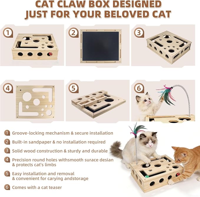 Cat Scratch Puzzle Enrichment Box, Interactive Cat Nail File Scratcher with Sandpaper, 3 Bell Balls & Detachable Teaser Wand, Stress‑Free Nail Care Toy for Indoor Cats, Scratchers that Trim Nails