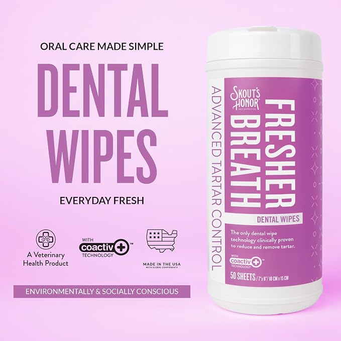 SKOUT'S HONOR Fresher Breath Dental Wipes for Dogs and Cats, 50 Sheets | Fights Plaque and Tartar, coactiv+ Formula, Freshens Breath Fast, No Brushing Required, 2-Pack