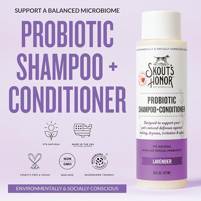 SKOUT'S HONOR Probiotic Dog Shampoo and Conditioner - Lavender, 16 oz | Hydrating, Natural 2-in-1 for Itchy Skin, Microbiome-Friendly with Avocado Oil & Omega-3s, Paraben & Sulfate-Free