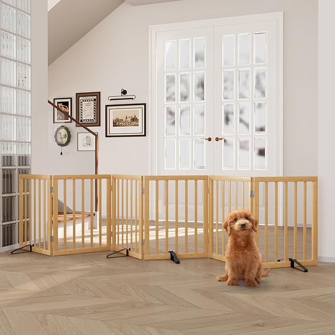 Semiocthome Bamboo Dog Gates for The House Extra Wide, 6-Panel Freestanding Pet Gates with 4PCS Metal Stands for Doorways and Stairs, 24“H Foldable Dog Fences Indoor, Expands Up to 9(ft) /110" (W)