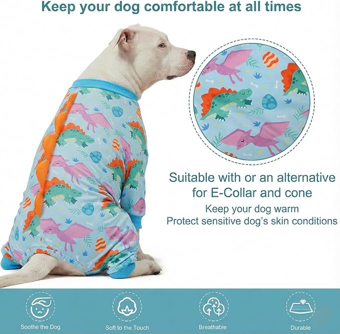 LovinPet Large Dog Pajamas, Four-Leg Stretch Onesie Bodysuit, Lightweight UV-Shielding Pajamas, Anti-Lick Calming Recovery Suit for Surgery, Pull-On for Medium and Large Breeds,Green Orange,XL