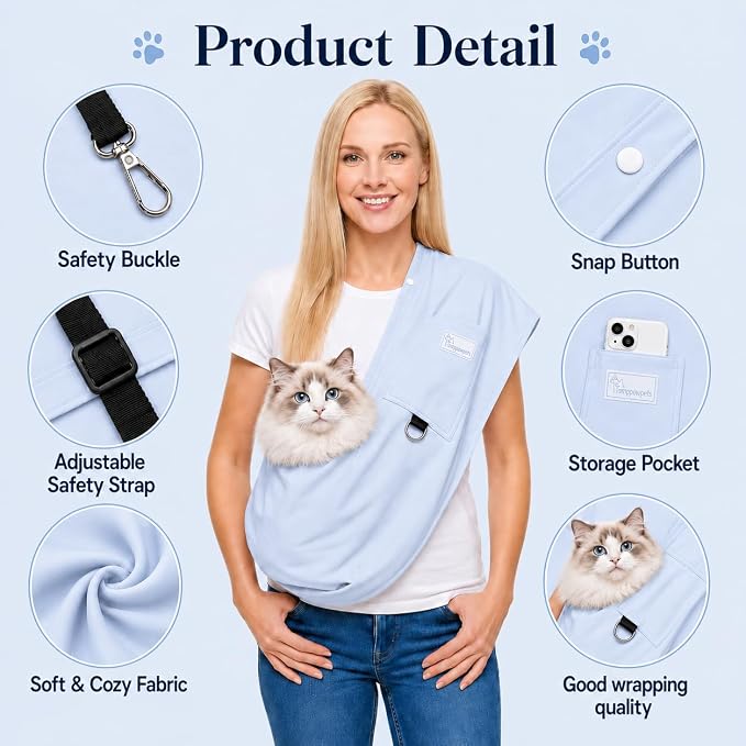 Ice Silk Dog Sling Carrier, Adjustable Safety Strap | Breathable & lightweight, fits pets up to 10 lbs,Secure buckle closure, hands-free design,Great for daily walks & travel,Blue