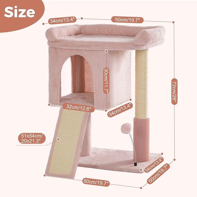 Cute Cat Tree 28” Pink Cat Tower with Top Large Bed 20x13” | Compact Cat Trees with Sisal Sratchign Post, Ramp, Self-Groomer, Cat Condo & Toy Ball Fit Small Space for Indoor Adult Cats