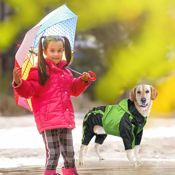 Dog Raincoat, 4 Leg Waterproof Dog Rain Jacket with Hood, Green XL | Rain Coat For Small Dogs, Doggy Poncho With Leash Hole, Snap Buttons, For Rainy Snowy Weather Walks, Hiking, Camping