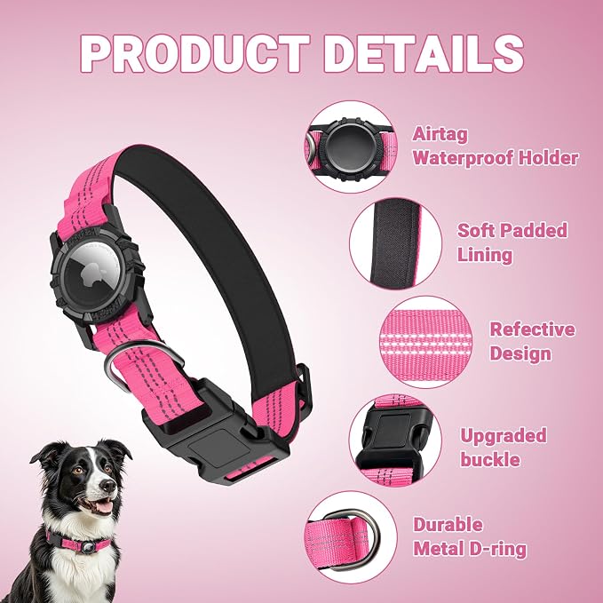 AirTag Dog Collar, IP68 Waterproof Integrated Air Tag Dog Collars with Reflective, Ultra-Durable, Comfortable Padded, Heavy Duty Dog Collars for Small Medium Large Dogs, S (10.6"-13.6"), Pink