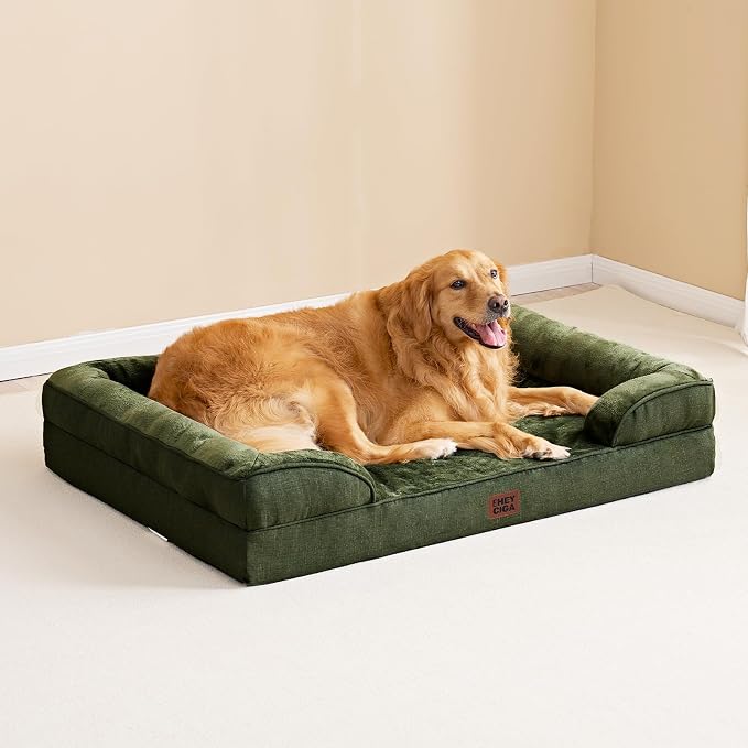 EHEYCIGA Orthopedic XXL Dog Bed, Waterproof Washable XL Big Pet Bed 48" | Non-Slip Bottom and Egg-Crate Memory Foam Extra Large Pet Couch Bed with Washable Removable Cover, Dark Green