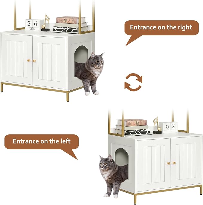 Homhedy Cat Litter Box Enclosure with 2-Tier Shelves, White and Gold | Litter Box Furniture Hidden, Indoor Cat House, Wooden Cat Washroom Furniture with Metal Frame, Modern Style