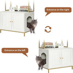 Homhedy Cat Litter Box Enclosure with 2-Tier Shelves, White and Gold | Litter Box Furniture Hidden, Indoor Cat House, Wooden Cat Washroom Furniture with Metal Frame, Modern Style