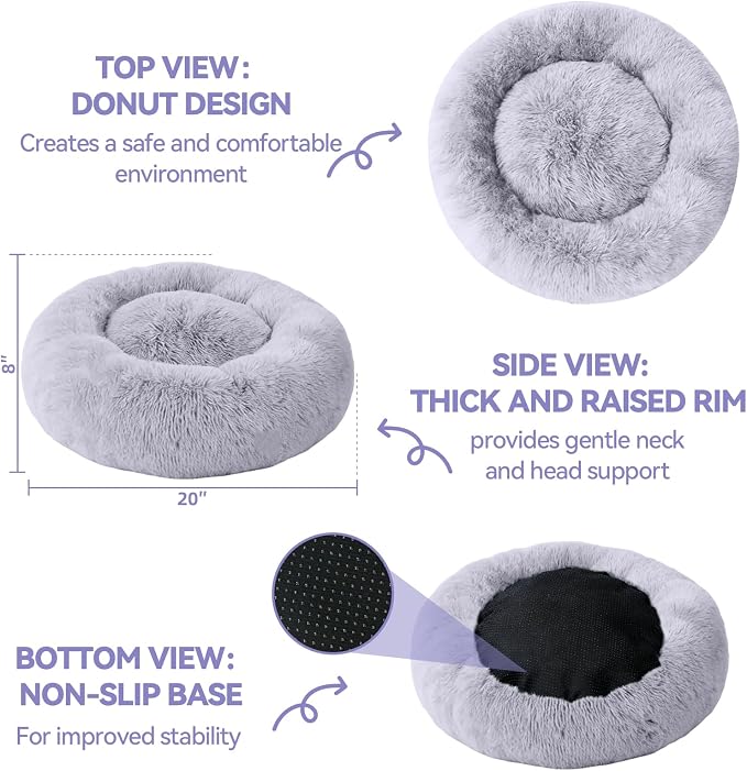 Calming Donut Dog Bed for Medium Dogs, Ultra Soft Fluffy Anti Anxiety Pet Bed, Plush Round Washable Dog Bed with Raised Rim for Corgi, French Bulldog, Shiba Inu & Indoor Pets (Light Grey, 28 Inch)
