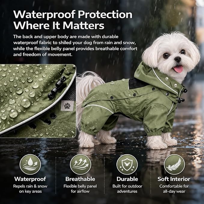 LOVELONGLONG Waterproof Dog Raincoat with Removable Hood – Outdoor Full Body Dog Jacket, Windproof Snowproof Shell Suit – All Season Pet Rain Gear Sage Green 4XL