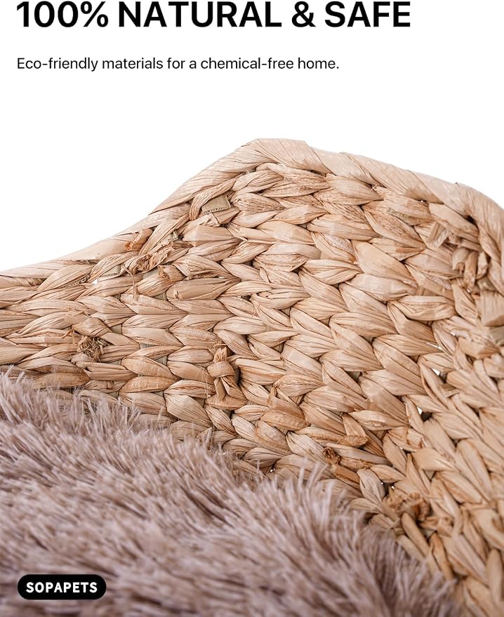 Sopapets Solid Wood Cat Tree for Large Cats, 41.3" Modern Cat Tower with Heavy Duty Real Branch & Hand-Woven Basket, Sisal Scratching Posts & Cozy Bed, Luxury Furniture for Indoor & Maine Coon, Beige