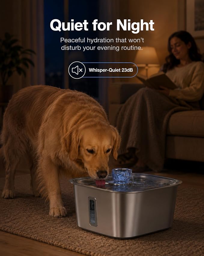 PETNF 2.1-Gallon Stainless Steel Dog Water Fountain for Large Dogs, Dog Water Bowl Dispenser with 4 Filters, Visible Water Window, Quiet Pump & LED Low-Water Indicator
