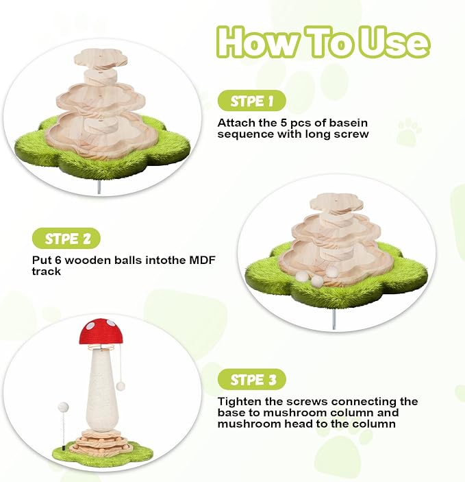 Mushroom Cat Scratching Post Cat Tree, Cute Cat Scratcher Tower with Interactive Ball Two-Layer Track Spring Ball Toys, Mushroom Scratch Post Cat Sisal Scratcher with Catnip for Indoor Cats