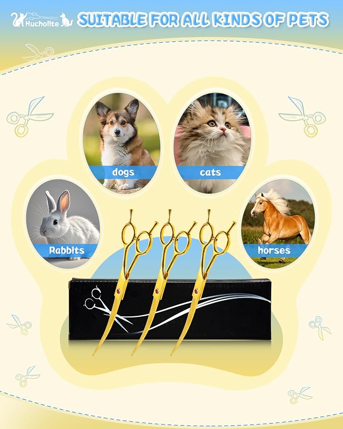 Curved Scissors for Dog Grooming, Dog Grooming Scissors Curved with Noise Reduction Pad, Light Weight,7.5" Pet Cutting Shears Safety Trimming Shearing for Dogs Cats (Curved, Golden)