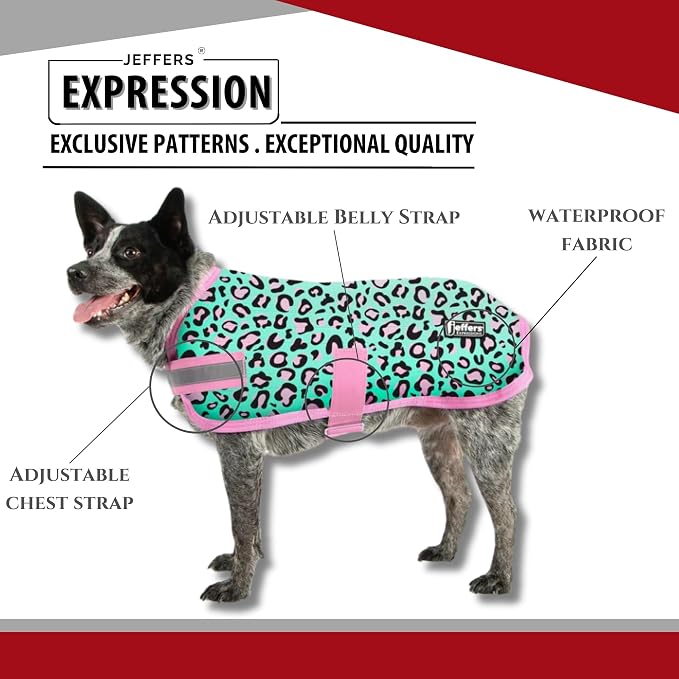 Jeffers Expression Dog Coat Waterproof Ripstop Winter Jacket 30" – 240g Insulated Blanket, Adjustable Belly & Chest Straps, Reflective Strips, Small to Large Breeds, Outdoor & Travel - Party Cheetah