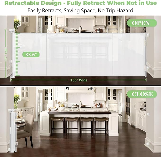 Reinforced 155" Extra Wide Retractable Baby Gate, Prevents Crawling Under | Indoor/Outdoor Retractable Dog Gate, Space-Saving, Easy to Use, Scratch-Resistant Mesh, Safety Lock, Easy Install, White
