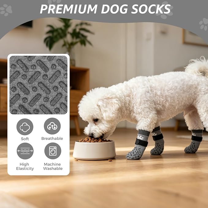 SCENEREAL Anti Slip Dog Socks to Prevent Licking Paws for Hot/Cold Pavement, Paw Protector Traction Control on Hardwood Floor, Dog Shoes Booties for Puppy Small Medium Large Senior Dogs, Grey XS