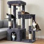 Heybly Heavy Duty Cat Tree with Large Base for Large Indoor Cats HCT026G | Cat Tower with Scratching Posts, Tall Cat Condo House , Multi-Level Plush Furniture with Hammock & Toy Balls, Smoky Gray